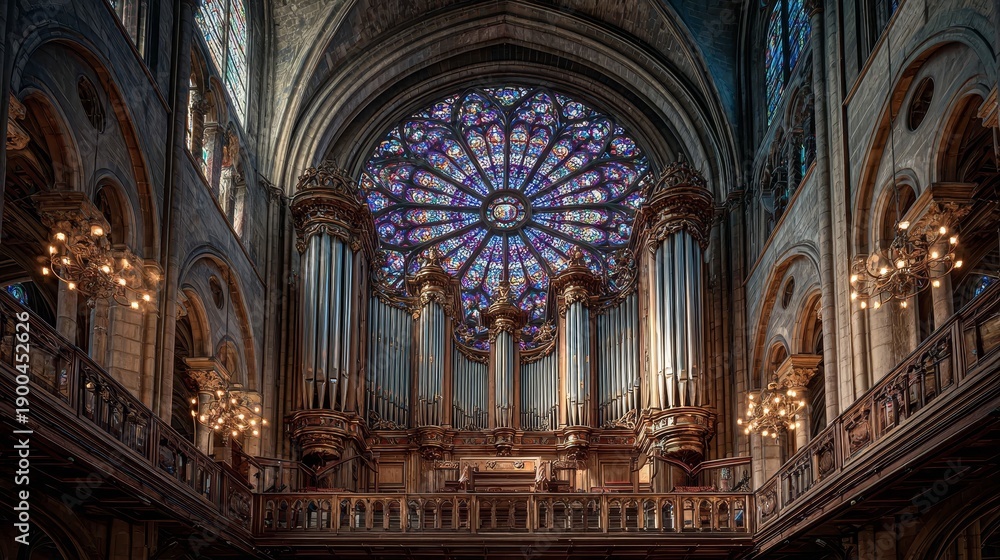 Obraz premium Romantic French pipe organ from the 20th century in Notre-Dame cathedral interior with large colorful rose window in background, historical architecture and intricate details