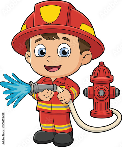Cute cartoon boy firefighter character in a professional red uniform and helmet holding a fire hose near a red hydrant