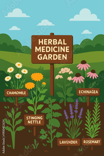 Herbal Medicine Garden

A flat vector illustration of a herbal medicine garden with various medicinal plants growing. Signs or labels identifying herbs. Flat vector style, educational and nature-focus