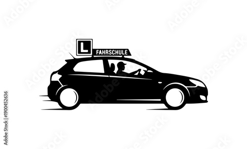 Black Vector Silhouette of Driving School Car with L Sign