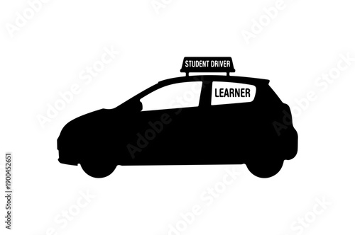 Black Vector Silhouette of Student Driver Car with Signs