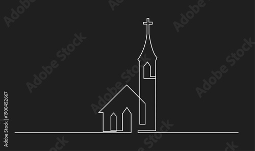 Minimalist continuous line drawing of a church building with a steeple and cross on a black background, symbolizing faith and religion.