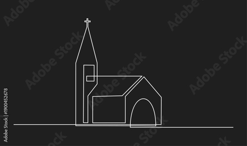 Continuous line art drawing of a church building with steeple and cross. Minimalist design.
