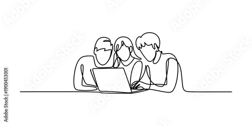 Three young people collaborating and looking at a laptop in a continuous line drawing style. Vector, illustration
