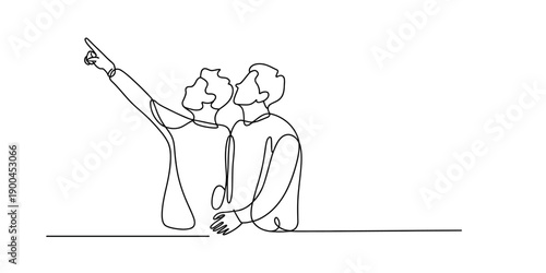 Continuous line drawing of two people looking up and pointing at the sky together Vector, illustration