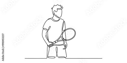 Single line art illustration of a male tennis player with racket isolated on transparent background Vector, illustration