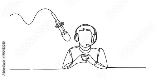 Minimalist continuous line art of a podcaster with a microphone isolated on transparent background Vector, illustration