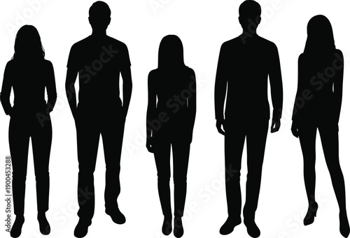 Diverse group of five people silhouettes standing together in casual clothing including men and women for social community and teamwork