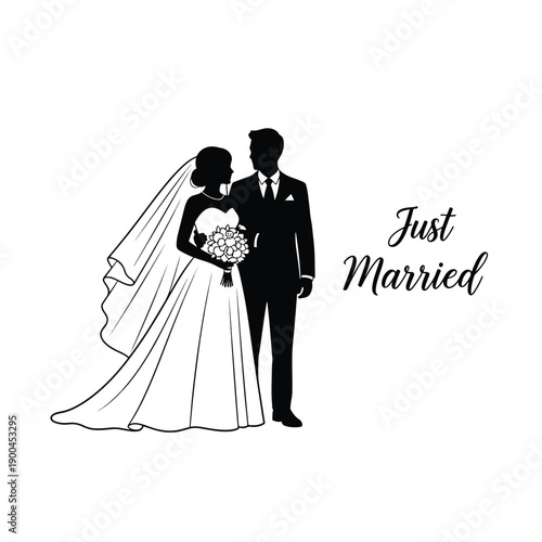 Newlywed Couple Silhouette Celebrating Marriage Event Vector Illustration on White Background