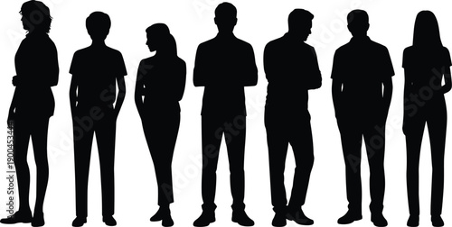 Diverse group of people silhouettes standing in a row, multiethnic men and women figures, casual business team, community and teamwork concept