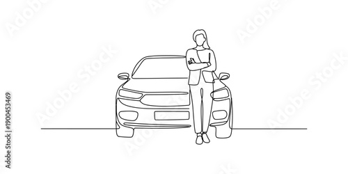 Continuous line drawing of a woman standing in front of her new car with arms crossed Vector, illustration