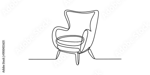 Continuous line drawing of a modern armchair with elegant curves on a white background Vector, illustration