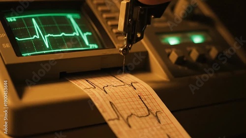 A medical professional operates an ecg machine, printing a heart rate graph on paper in a clinical setting.