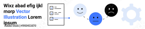 Customer feedback, data analysis, sentiment monitoring, user opinions, business solutions, evaluation process. Checklist with marked items, expressions in emotions gear icon. Customer feedback