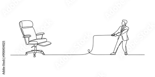 Continuous line drawing of businessman pulling rope towards office chair isolated on transparent background Vector, illustration