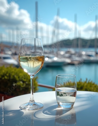 Two glasses with white drink sit on table by sea harbor with yachts. Refreshing beverage served at waterside cafe outdoor terrace. Enjoying warm sunny day outside.