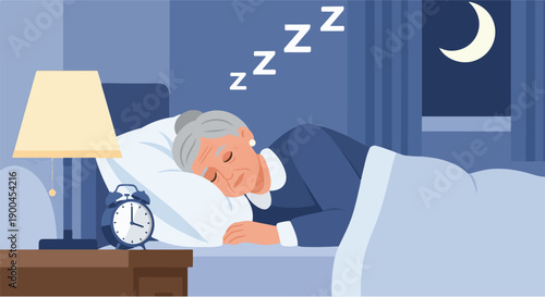 Elderly woman sleeping peacefully in bed at night, with an alarm clock and lamp on the nightstand, under a starry sky with a crescent moon visible