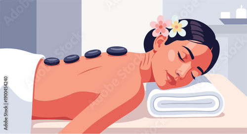 Relaxation therapy A woman receiving a hot stone massage with smooth stones placed on her back as she rests on a spa table