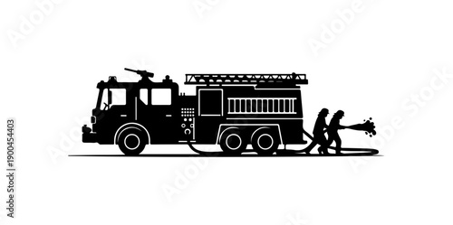 Firefighter and Fire Truck Silhouette Vector Illustration