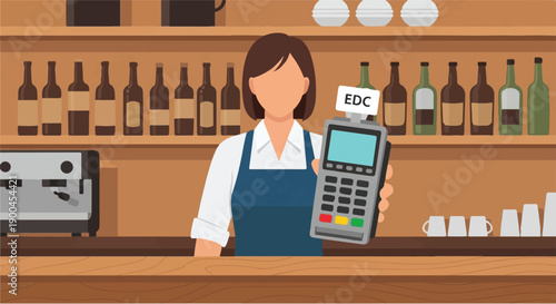 Female barista showcasing a modern electronic data capture device, highlighting secure and efficient cashless transactions for customers at a vibrant cafe counter