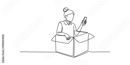 Minimalist line art of a woman sitting in a cardboard box with a phone isolated on transparent background Vector, illustration
