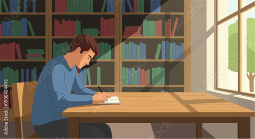 Dedicated young man deeply engaged in focused study and academic work within a sunlit library, diligently writing notes and absorbing knowledge from books