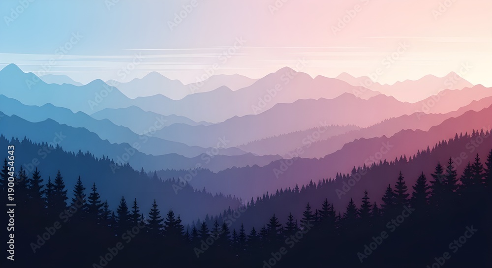 Obraz premium Un conjunto de paisajes vectoriales de montaña en un estilo plano. Los papeles pintados naturales son un concepto minimalista y poligonal. Amanecer, terreno brumoso con pendientes, montañas cerca de
