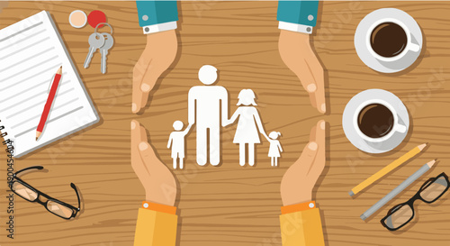 Caring hands providing symbolic protection for a family, representing comprehensive life insurance, security, and financial planning for future well-being and peace of mind