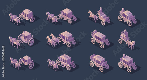 A collection of various horse-drawn carriages in a simplified graphic style, showcasing different designs and colors.