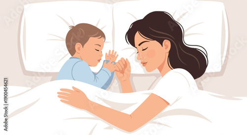 Peaceful slumber a mother and child hold hands while sleeping, nestled in a cozy bed under a soft white duvet, capturing a tender moment of rest and security