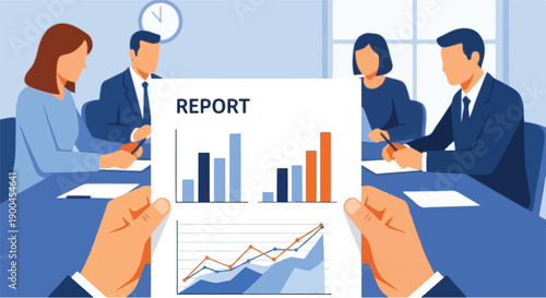 Professional business team collaborating on financial report analysis during a corporate boardroom meeting, reviewing charts and data for strategic planning and decision-making for company growth