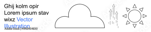 Weather forecast, sustainability, innovation, growth, climate change, renewable energy. A cloud, sun and upward arrows. Weather forecast and sustainability concept emphasizing growth and progress