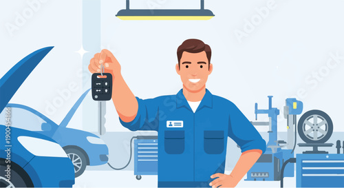 Friendly auto mechanic standing proudly in a modern repair garage, holding car keys, symbolizing reliable vehicle service, expert maintenance, and a trusted solution for all automotive needs