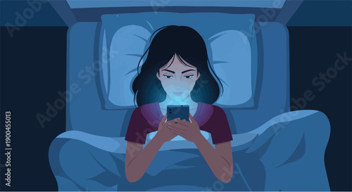 Young woman using her smartphone in bed at night, illuminated by the screen's glow, illustrating digital distraction and late-night screen time habits