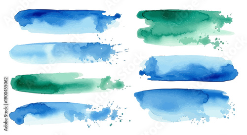 Watercolor brush strokes set in blue and green tones Hand-painted abstract vector elements for background decoration and design
