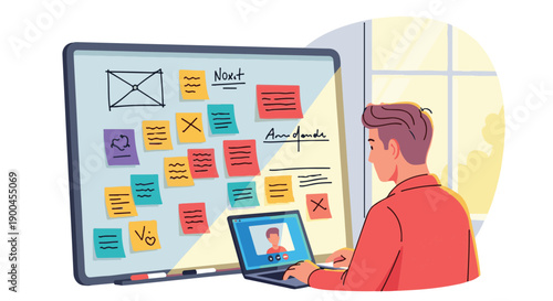 Remote team collaborating on project ideas and tasks using a whiteboard with sticky notes while participating in a virtual meeting, symbolizing modern agile workflow and digital brainstorming sessions