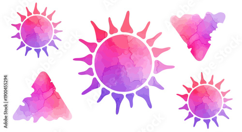 Pink and Purple Watercolor Sun and Abstract Shapes Set Gradient Vector Design Elements