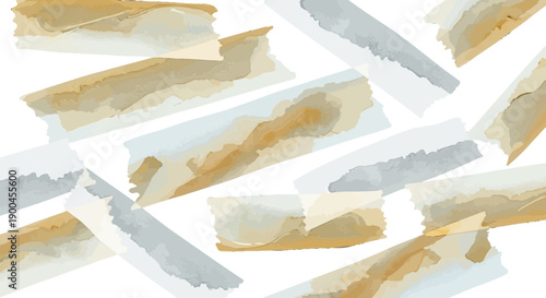 Abstract background with overlapping watercolor tape strips in beige brown and dusty blue on white