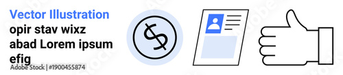 Finance, approval, identity verification, certification, online transactions, business. Dollar sign, ID card thumbs-up icon. Finance and approval concepts for secure transactions and verification