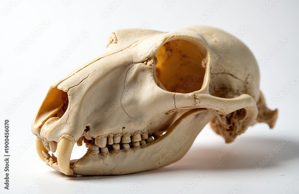 Fototapeta premium Close view of hare skull with sharp teeth and empty eye sockets. Bone structure of small mammal head on white background. Detailed animal remains object.