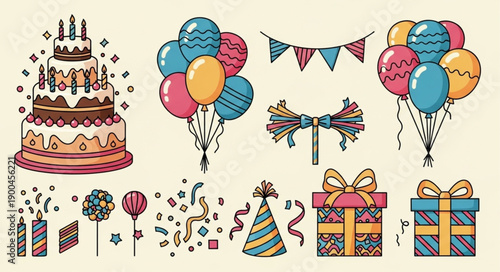 Birthday Party Celebration Elements Collection Vector Illustration.
