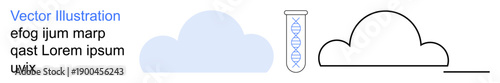 Cloud storage, bioinformatics, genetics research, data science, technological processes, biotech innovation. A cloud shape next to a DNA-filled test tube and a minimalist cloud outline. Cloud storage