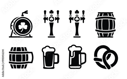 St patrick's day beer icons set including shamrock taps barrels and mugs on white background