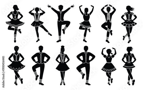 Silhouette illustration of various irish dancers in traditional costumes performing dance poses