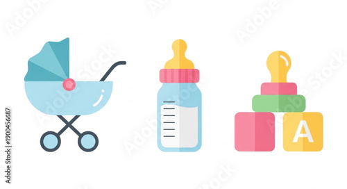 Baby items including stroller bottle and blocks.