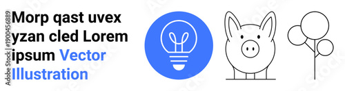 Finance, sustainability, innovation, energy conservation, saving habits, eco-friendly ideas. Bold lightbulb icon, piggy bank minimal tree design. Finance and sustainability