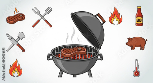 Barbecue grill with steak and various food items.