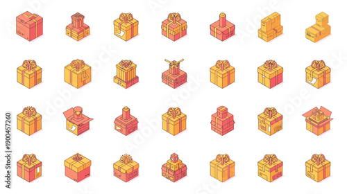 Colorful 3D isometric gift boxes in various orientations