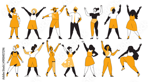 Diverse people dancing in yellow and black silhouette style