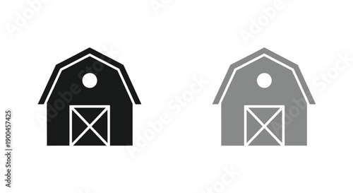 Simple black and gray barn silhouette icons representing agricultural buildings side by side